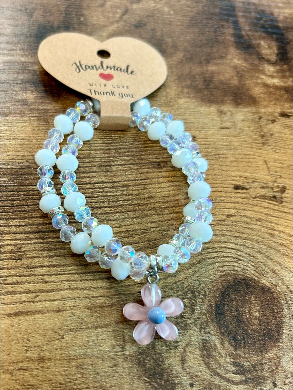 Mommy & Me White Crystal Beaded Bracelet with Pink Flower Charm